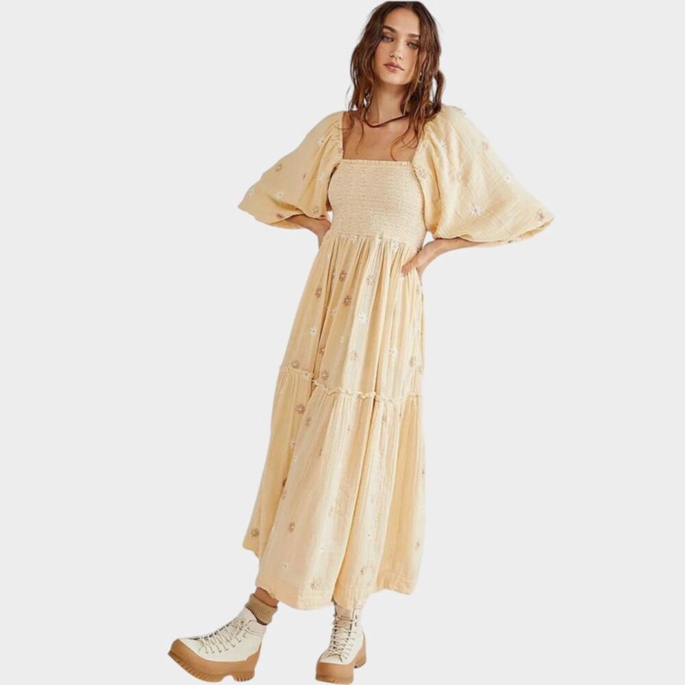 Free People Womens Sz XS Dahlia Floral Embroidered Maxi Dress Puff Sleeve
